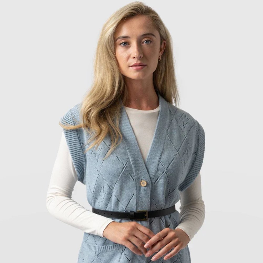 Light Blue Knit Sleeveless Cardigan Vest - Women
